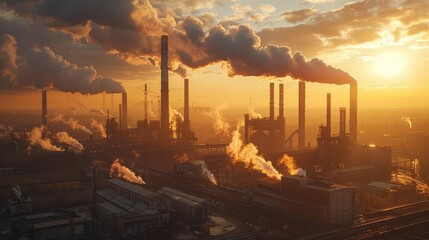 Industrial landscape at sunset with smoke emitting from multiple factory chimneys, highlighting pollution and urban industry.