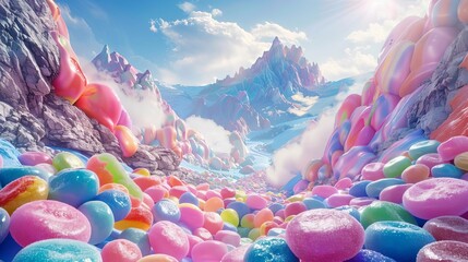 Jellybean boulders tumbling down a mountainside during a candyquake, whimsical, bright tones, 3D render