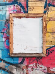 A blank, rectangular shop sign mockup with a distressed wooden frame, mounted on a colorful, graffiti-covered wall.