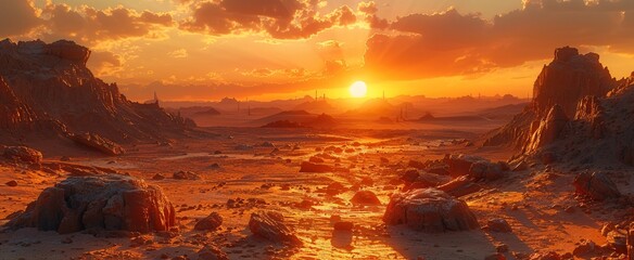 A panoramic view of a rocky desert landscape at sunset, with vivid orange hues and the sun low on the horizon.