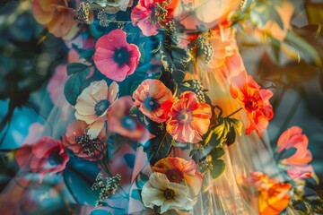 Closeup of intricate floral patterns on a summer dress, vibrant colors, photorealistic, Double exposure, botanical garden backdrop