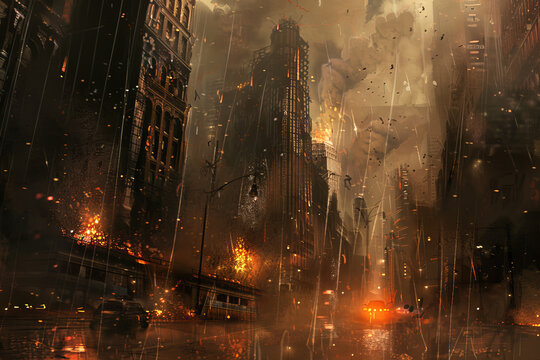 A cityscape with a lot of fire and rain