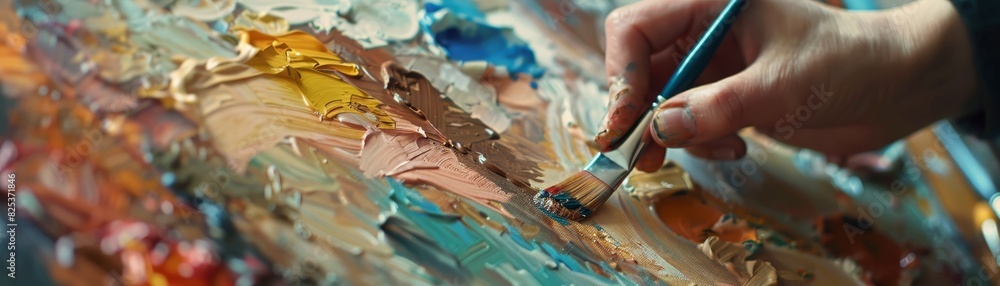Poster close-up of a hand holding a paintbrush, creating a colorful and textured abstract painting on canva