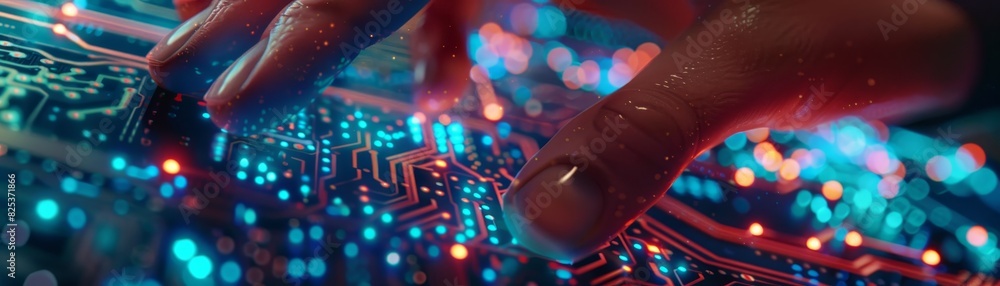 Poster close-up of a hand interacting with a glowing computer circuit board, depicting advanced technology 