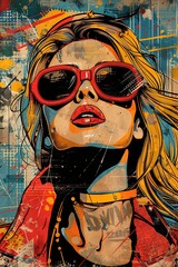 An abstract pop art illustration featuring a woman wearing red sunglasses