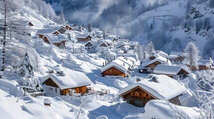 A snow-covered alpine village nestled in the mountains, generative AI