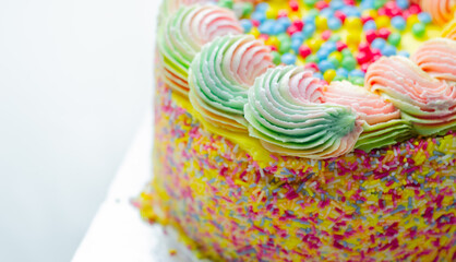 Madeira sponge coated with yellow colour frosting, layered with plum and raspberry jam