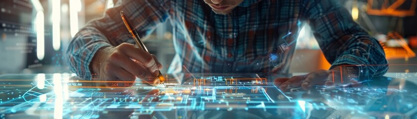 Close-up of a person working on a high-tech digital interface with holographic displays, showcasing futuristic technology and innovation.