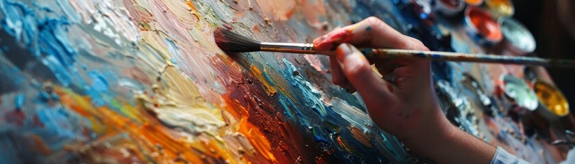 Close-up of artist's hand painting with a brush on a colorful canvas. Vibrant abstract art in progress.