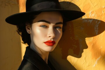Stylish young female with red lipstick and black hat, sharp shadows on face