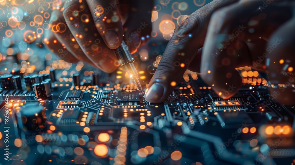 Poster close-up of hands working on a circuit board with intricate details and glowing lights, representing