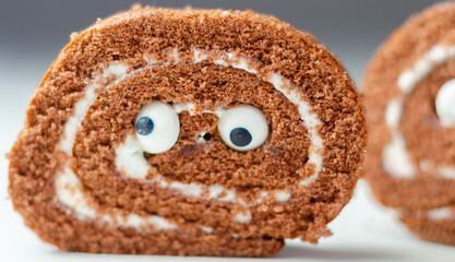 Chocolate sponge roll with a vanilla flavour filling with decorating sweet eyes, chocolate swiss...