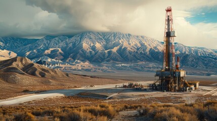 An oil drilling rig stands in a vast desert with scenic mountains in the background beneath a dramatic, cloudy sky at dusk.