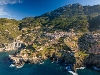 Aerial view of Banyalbufar in Mallorca on a sunny day