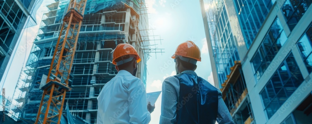 Poster construction workers with hard hats discussing building progress on a skyscraper site, sunlight shin
