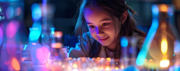 Curious young girl exploring science with colorful liquids in laboratory, emphasizing creativity and learning through hands-on experiments.