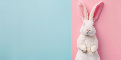 White Easter bunny on pastel blue and pink backdrop,