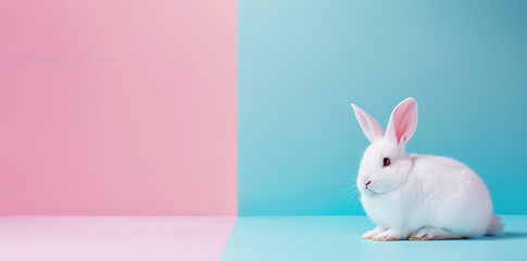 Obraz premium White Easter bunny on pastel blue and pink backdrop