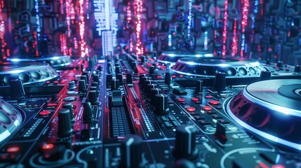 Futuristic DJ mixer with colorful LED lights, buttons, and switches in a high-tech music studio, perfect for electronic music and nightlife scenes.