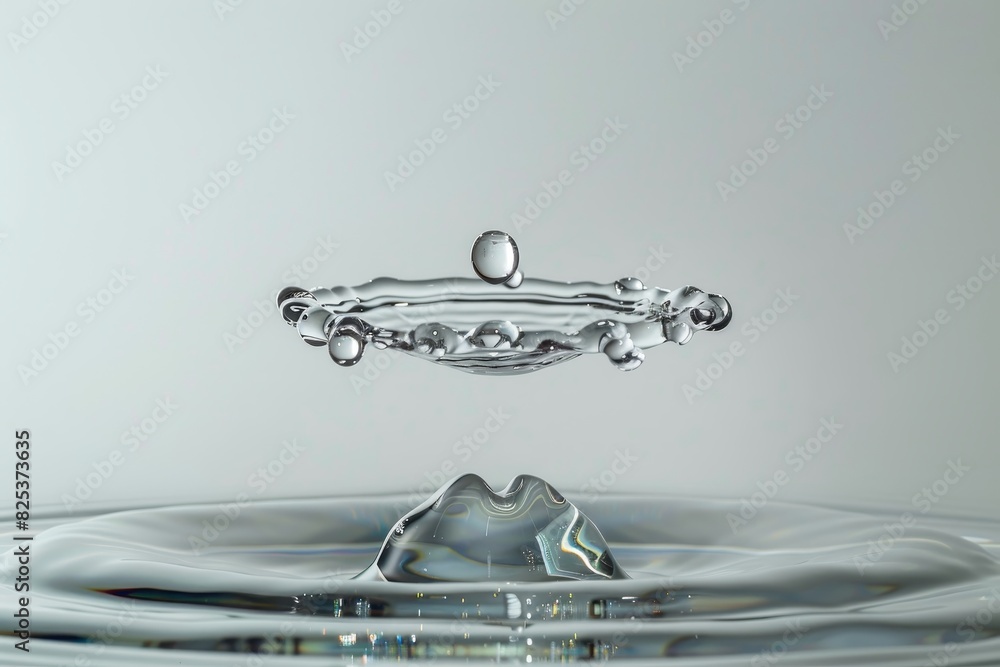 Poster high-speed capture of a water droplet creating a crown-like splash in a clear liquid against a grey 