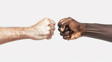 A white man and a Black individual fist-bumping.