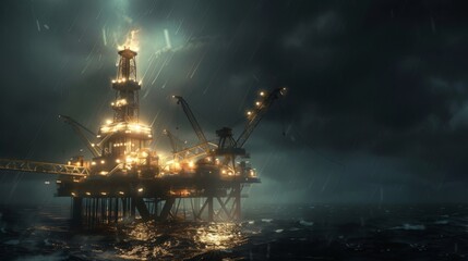 An oil rig stands tall in the middle of the vast ocean, extracting resources from below the waters surface.