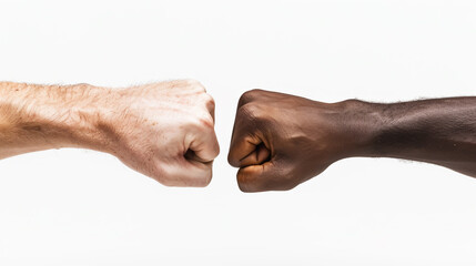 A white man and a Black individual fist-bumping.
