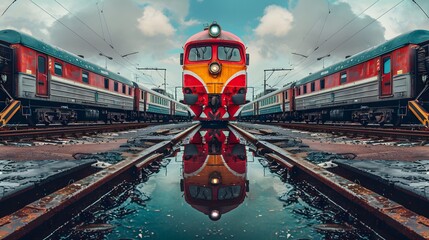 Front view of a locomotive with cinematic and professional photography style.