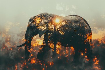 wild elephant close up, focus on, copy space vibrant earthy tones, double exposure silhouette with forest