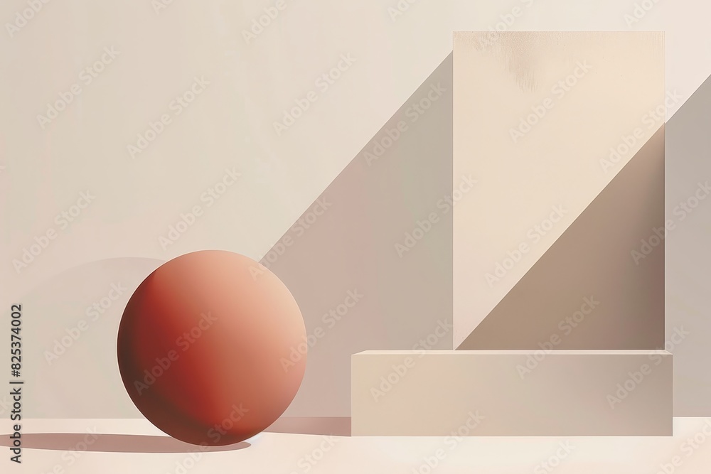 Poster minimalistic still life of geometric shapes with a sphere and rectangular block casting shadows agai