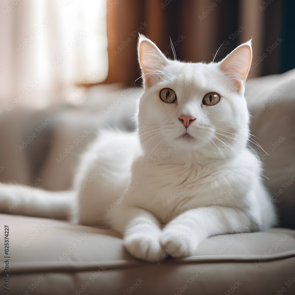 Poster Cute white cat seating on the sofa, AI-generated.