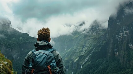 a closeup of A male backpacker gazing into a valley surrounded by mountains, with clouds covering the mountain tops. This image captures the adventurer taking in the scenic beauty of the mountainous