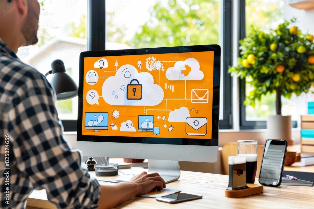 Aufkleber futuristic cloud security with glowing blue circuitry and advanced data protection, illustrated with