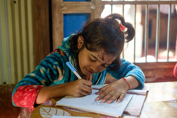 South asian young girl solving mathematics homework sitting in her room 