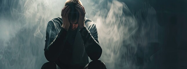 A depressed man suffering from emotional pain, sitting alone with a sad and worried expression, hands raised to his head, set against a misty dark background.