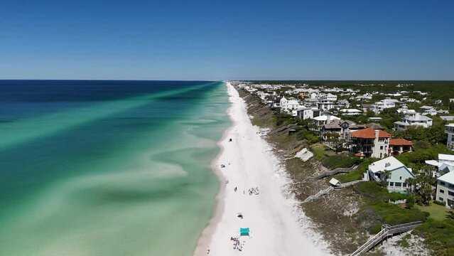 Gulf Front Beach Houses And Sandy Beach In Summer In Santa Rosa Beach, Florida. aerial pullback shot