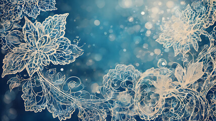 Blue waves background with lace, bokeh and bubbles. Gentle blue waves and shimmering bubbles blend with a bokeh background and lace accents, crafting a tranquil and luminous backdrop.
