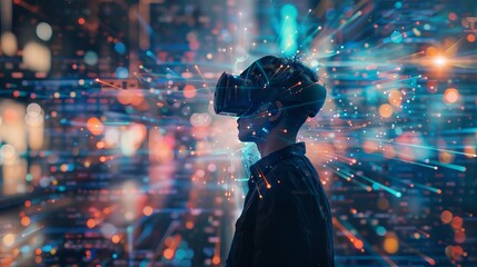 Silhouette of a person wearing a virtual reality headset, surrounded by a vibrant digital environment, showcasing futuristic technology.