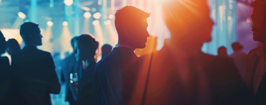 Silhouettes of professionals networking at a business event with vibrant lighting, creating a dynamic atmosphere for collaboration and connections.