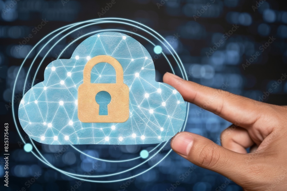 Poster innovative cloud security with comprehensive data protection and integrated devices, highlighted by 