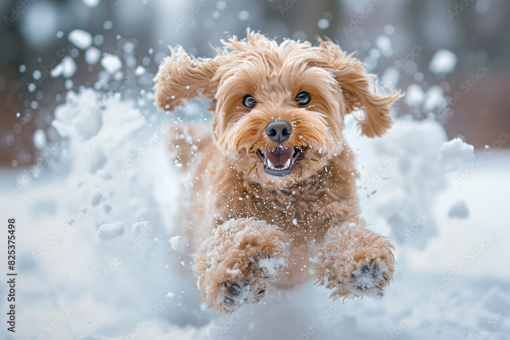 Poster close-up of a happy cavapoo dog joyfully running through snow in a winter setting