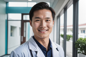 Fototapeta premium AI generated illustration of a confident young age Chinese male doctor walking to emergency room
