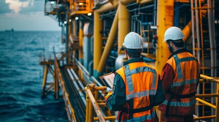 Two offshore workers in safety gear examine equipment on an oil rig platform at sunset, with the sea visible in the background.
