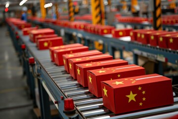 Production line filled with boxes adorned with the Chinese flag