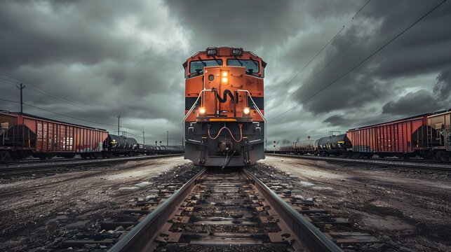 Front view of a locomotive with cinematic and professional photography style.