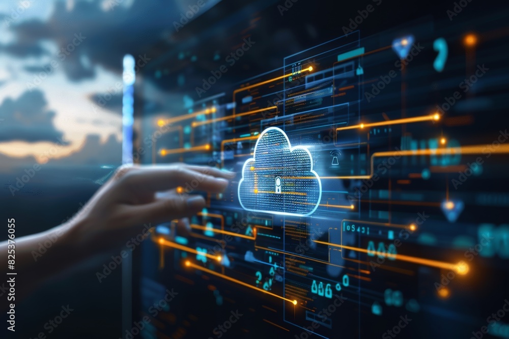 Aufkleber comprehensive cloud security with advanced data protection and secure cloud integration, illustrated