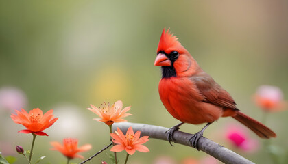 Close-up Northern Cardinal perching on branch,Bird Photography