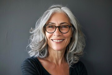 smiling mature woman with gray hair and glasses looking at camera happy senior lady headshot portrait