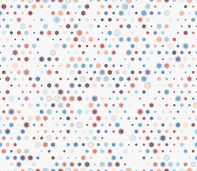 Obraz premium Background with hexagon pattern. Multicolored geometric elements of varied sizes. Hexagon mosaic cells with padding and inner solid cells. Hexagon shapes. Tileable pattern.