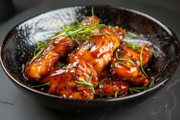 Delicious teriyaki chicken with sesame seeds and green onion garnish in a stylish black bowl